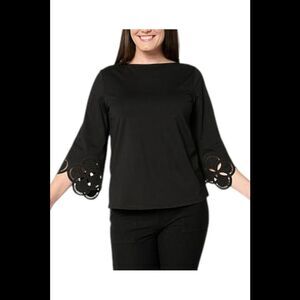 WynneCollection Women's Cotton-Blend Eyelet Bell Sleeve Top Black - Regular